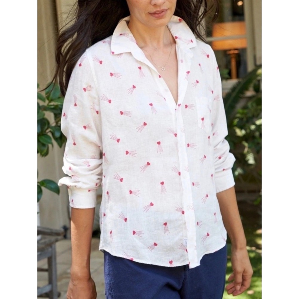 Frank & Eileen Barry White Linen Pink Heart Print Button Up Shirt XL